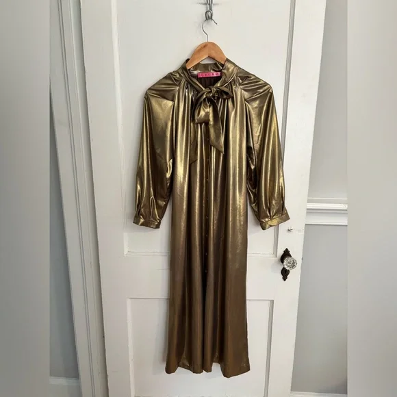 BURU Gold Lamé Long Sleeve Button Up Bow Midi Dress Size XS - Picture 6 of 14